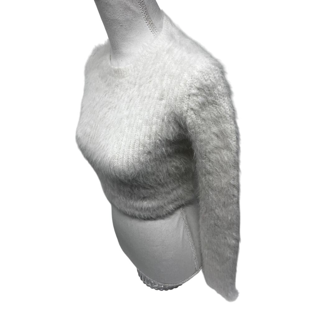 Zara Ivory Eyelash Faux Fur Cropped Knit Sweater Top Small Stretch - Picture 5 of 6